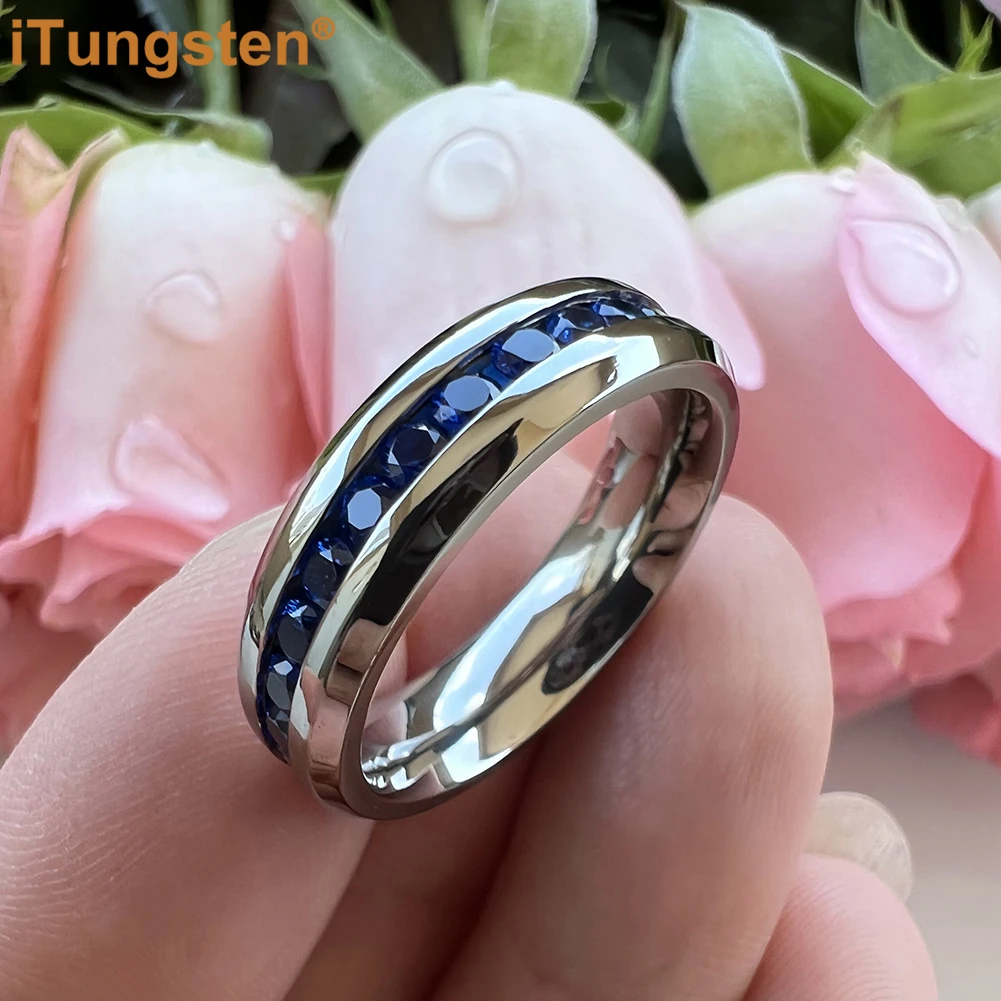 ITungsten 7mm Titanium Shiny Forever Ring for Women Men Blue Cubic Zirconia CZ Inlay Fashion Eternity Engagement Wedding Band