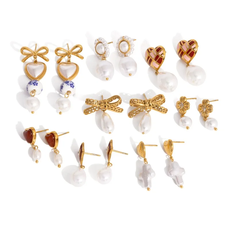 

Minar Vintage Irregular Simulated Pearl Enamel Heart Bowknot Flower Dangle Earrings for Women 18K Gold PVD Plated Titanium Steel