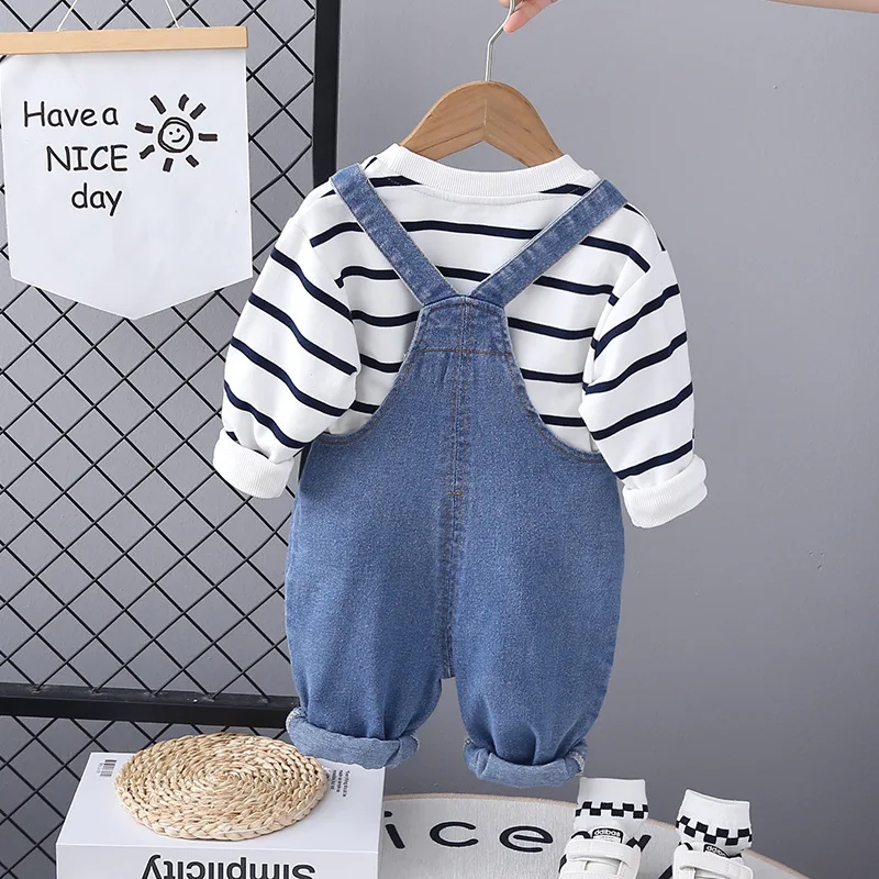 INS NEW Autumn Toddler Boys 2PCS Clothes Set Letter Striped Cotton Pullovers Denim Cartoon Overalls Suit Kids Boys Outfits