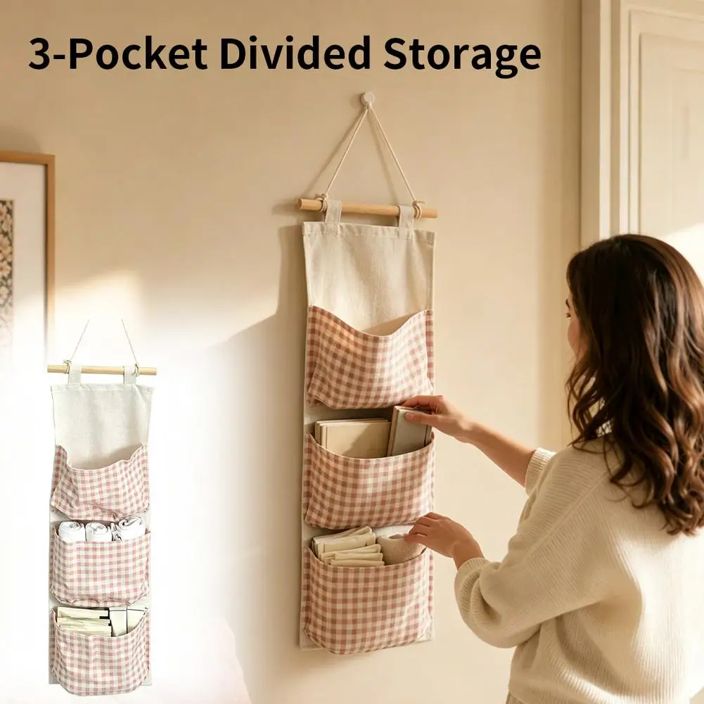 Pink Gingham Hanging Storage Bag Wall Mounted Canvas Organizer Pocket for Bedroom Dormitory Books Sundries Sundries