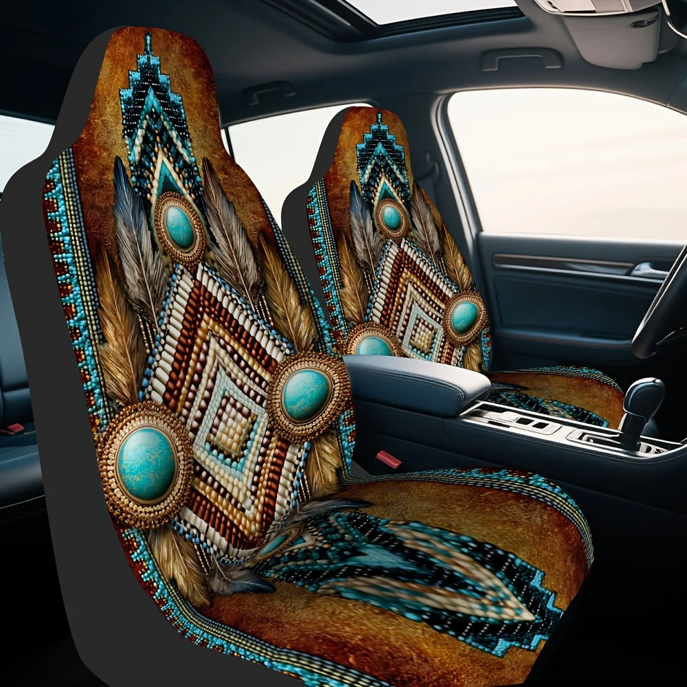 2pcs, Tribal Beaded Feather Geometric Themed Decorative Seat Covers, Soft Washable Material, Fit Adds Modern Stylish Look And A