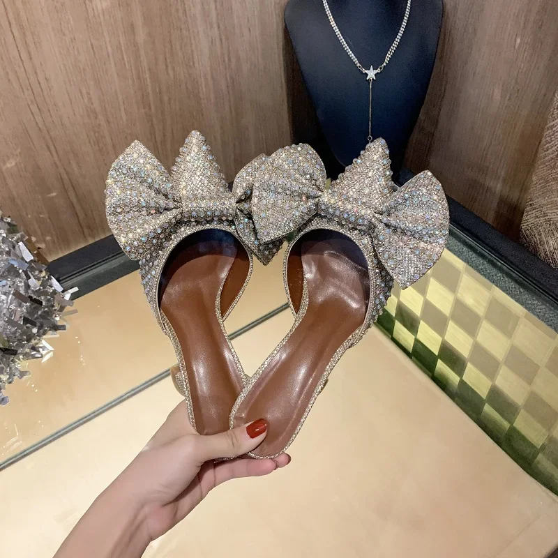 2024 New European Station Pointed Bow Sandals Crystal All-match Ultra-High Thin Heeled Baotou Slippers Women