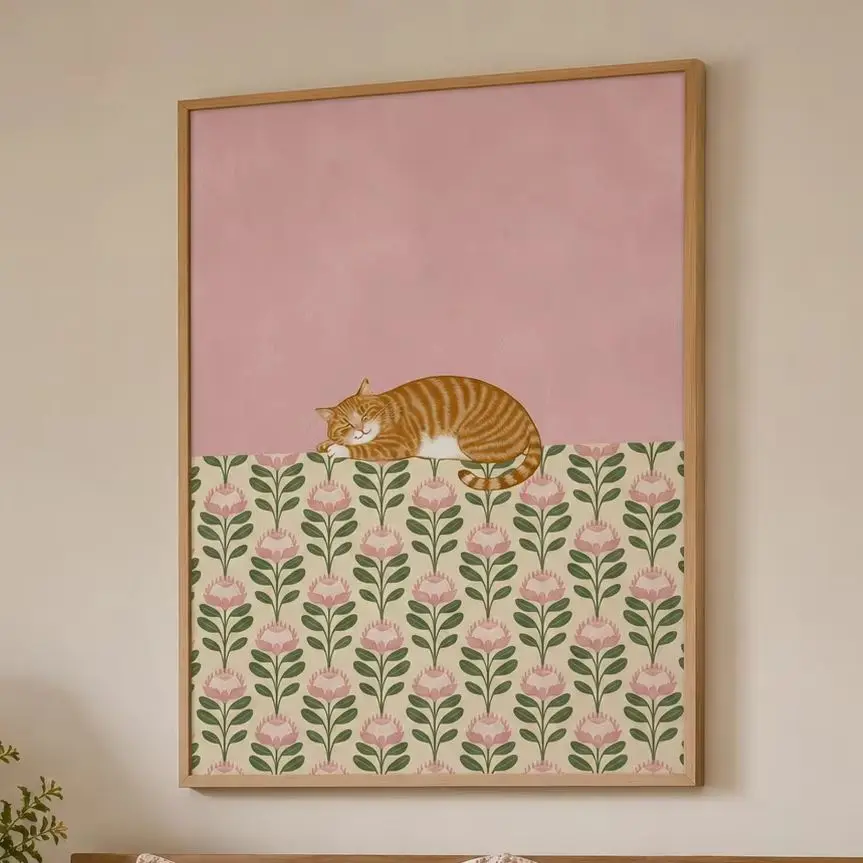 Sleeping Cat Poster | Pink Floral Wall Art | Canvas Wall Print,High‑Grade Home Decoration Artwork for Bedroom,Living Room,Office