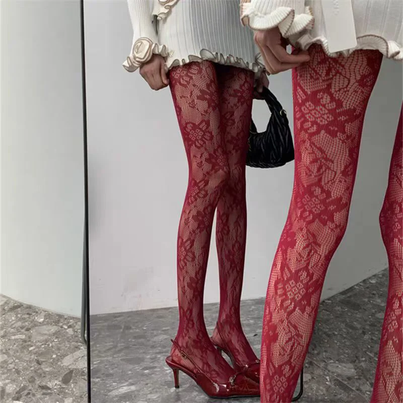 1 Pair of French Retro Burgundy Floral Lace Stockings, Sexy and Slimming, Hot Girl Street Style Fishnet Pantyhose