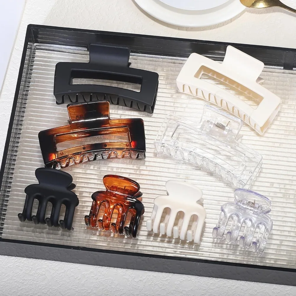 8 pinzas de pelo medianas para mujer, pinzas de garra pequeñas, combinación de estilos rectangulares y de plátano para cabello fino a grueso