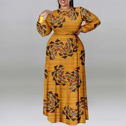 African Women's Plus Size Dress Ankara Printed Fabric Gold Cuffs Accessory Belt Ankle Casual Dress A2325011