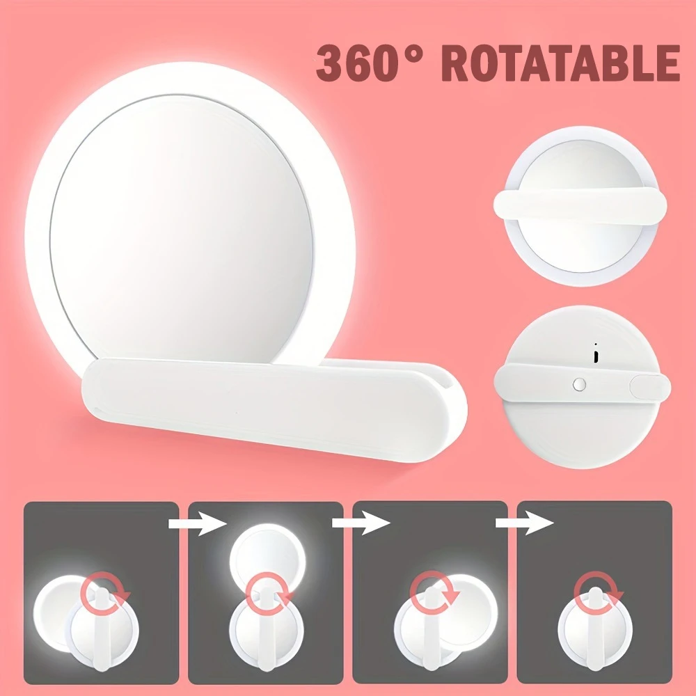 Miroir de maquillage portable pliable LED avec lumière 360 °   Lampe à miroir rotative, interrupteur magnétique, lumières de remplissage portables, cadeaux de fête d'anniversaire