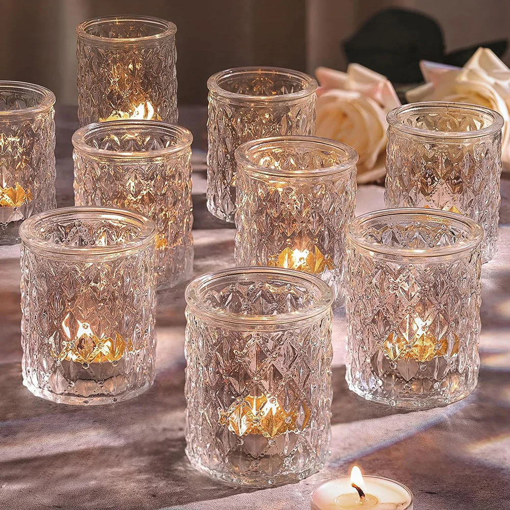 12Pcs Transparent Crystal Candle Holders Set Glass Empty Cup Romantic Atmosphere Candlestick Holder for Wedding Table Home Decor