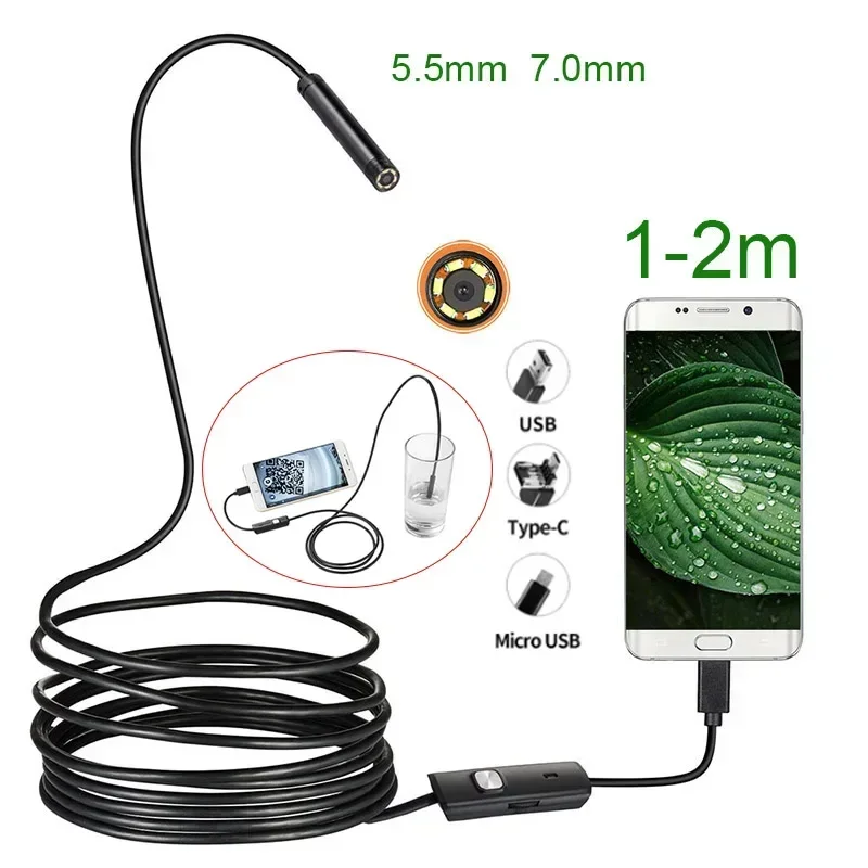 Mini Endoscope Camera Waterproof Endoscope Borescope Adjustable Soft Wire 6 LEDS 5.5/7mm AndroidType-C USB Camea for Car