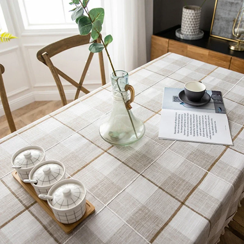 Vintage Plaid Table Cover Cotton Linen Rectangle Tablecloth Soft Waterproof Home Decor  Size for Choose Support Customize