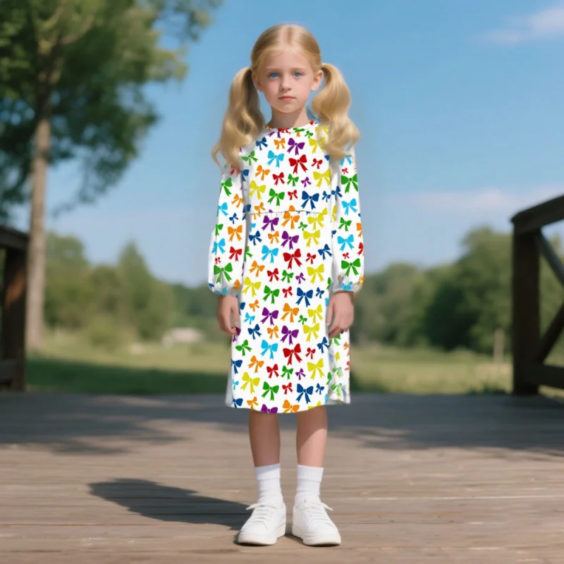 2026 Girls' Long Sleeve Dress with Colorful Bow Print - Cute & Vibrant Casual Outfit