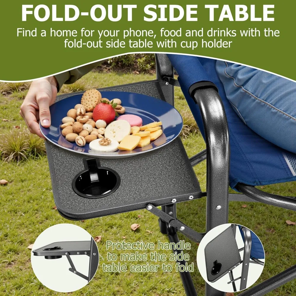 كرسي مدير التخييم المحمول القابل للطي كبير الحجم للبالغين مع طاولة جانبية وحقيبة تبريد شديدة التحمل لصيد الأسماك على الشاطئ في الهواء الطلق