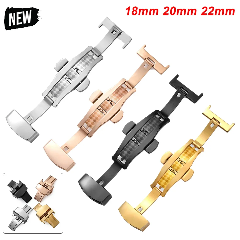10mm14mm 16mm 18 20 22 Universal Butterfly Buckle Accessories Stainless Steel Double Push Button Fold Watchband Replacement Belt