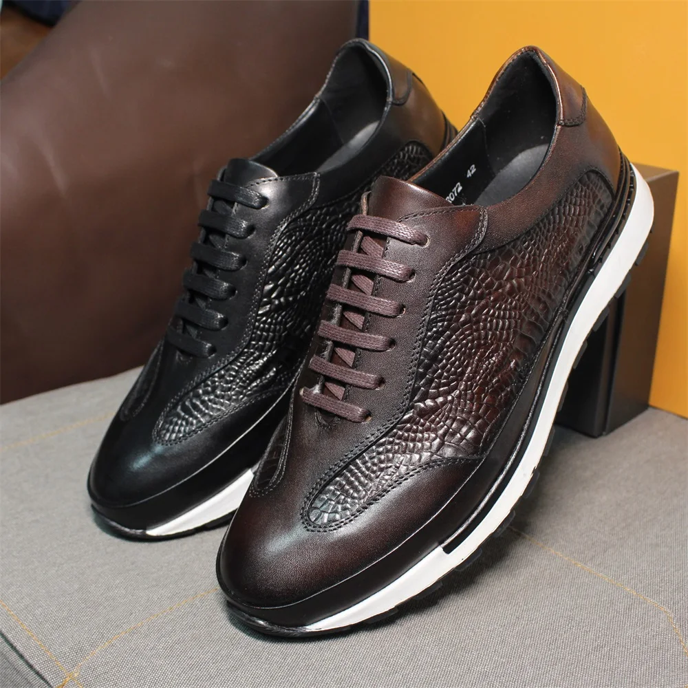 Men's High-end Leather Sneakers Lace-up Casual Shoes Color Changing Crocodile Leather Pattern Party Dress Wedding Shoes
