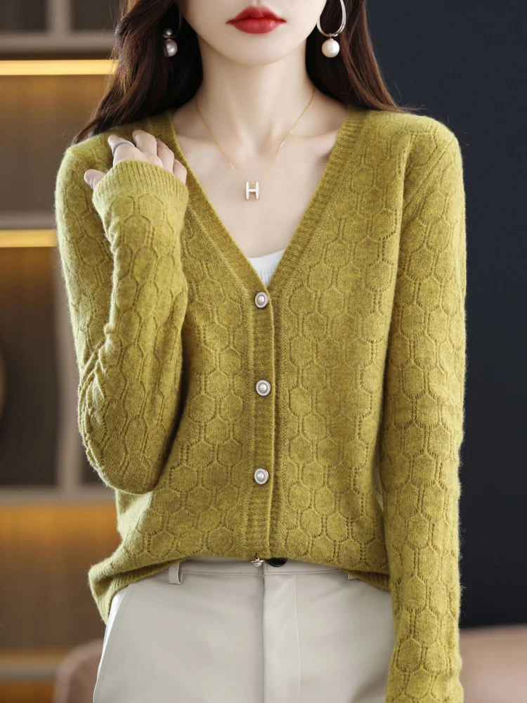 Spring Autumn Women V-neck Cardigan 100% Merino Wool Hollow Solid Long Sleeve Cashmere Sweater New Fashion Female Clothing Top