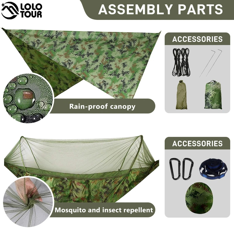 Camping Hammock with Mosquito Net and Rain Fly Portable Double Hammock with Bug Net and Tent Tarp Tree Straps for Travel Camping