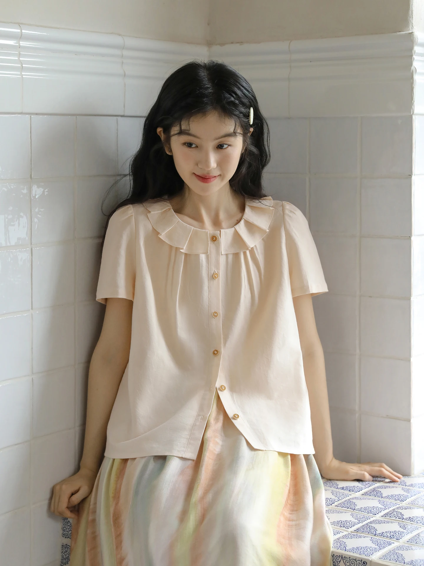 

Nesoulum Orange Pink Pleated Collar ort Sve Cotton Linen Loose Women's irt Summer Vintage Sle Casual Top