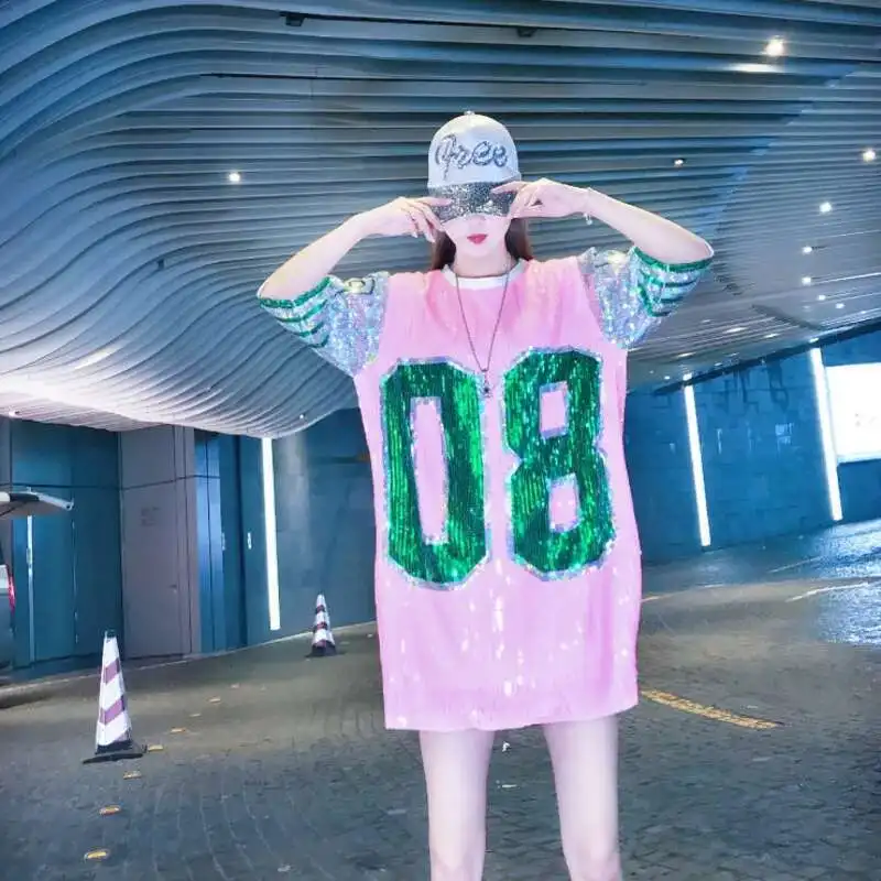 #0202 Summer Harajuku Baseball T Shirt Women Spliced Color Shinny Sequins Short Sleeve T Shirt Oversize Loose Streetwear Hip Hop