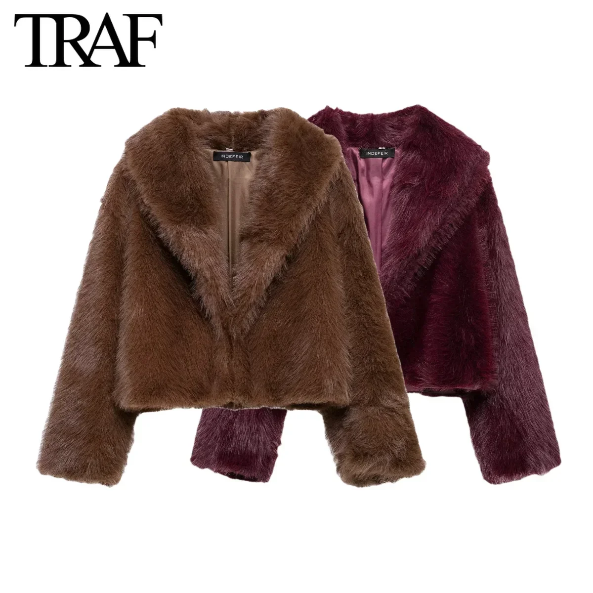 TRAF Faux Fur Coat for Women Fashion Autumn Winter New Artificial Fur Effect Long Sleeves Lapel Thick Warm Short Jacket Coats