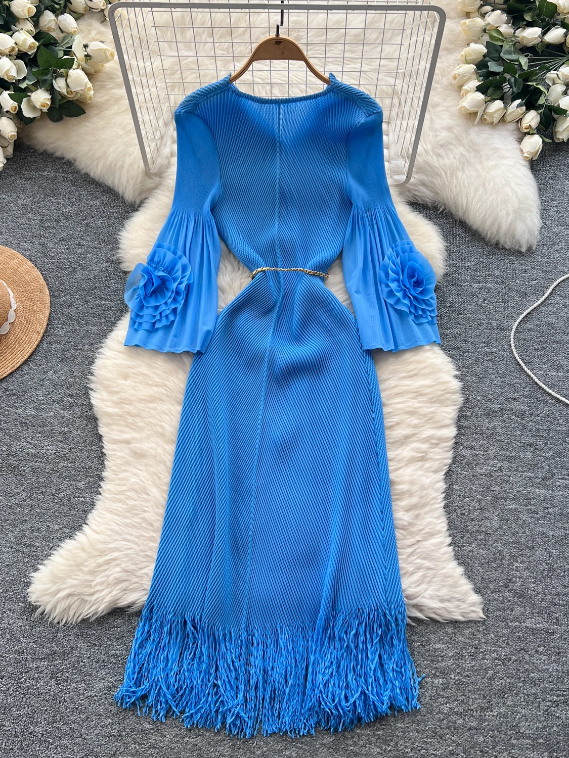 

Faionable European Sle Women's Dr 2025 New High Waist Bouffant Sve Floral Embellied Belted Long Skirt Korean Version