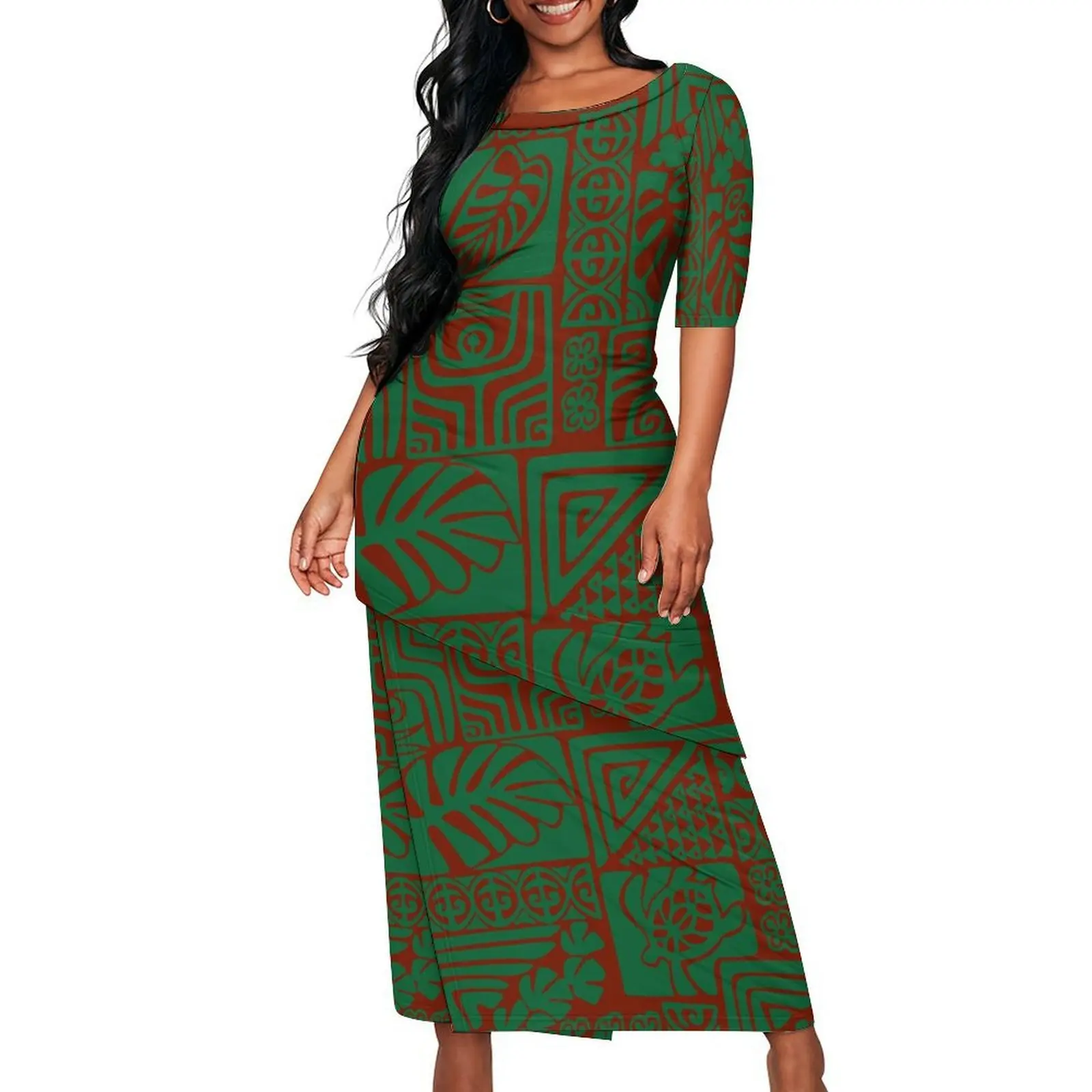 Holiday Party Puletasi Round-Neck Polynesian Women'S Skirt  High-Quality Mid-Length Sleeve An Ankle-Length Dress