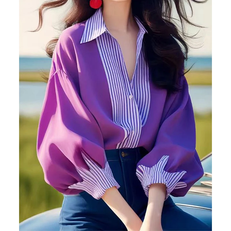 Fioletowy Patchwork w paski Elegancka bluzka Wiosna Jesień Nowy Polo Neck Kontrastowa koszula biurowa Topy Temperament Moda Odzież damska