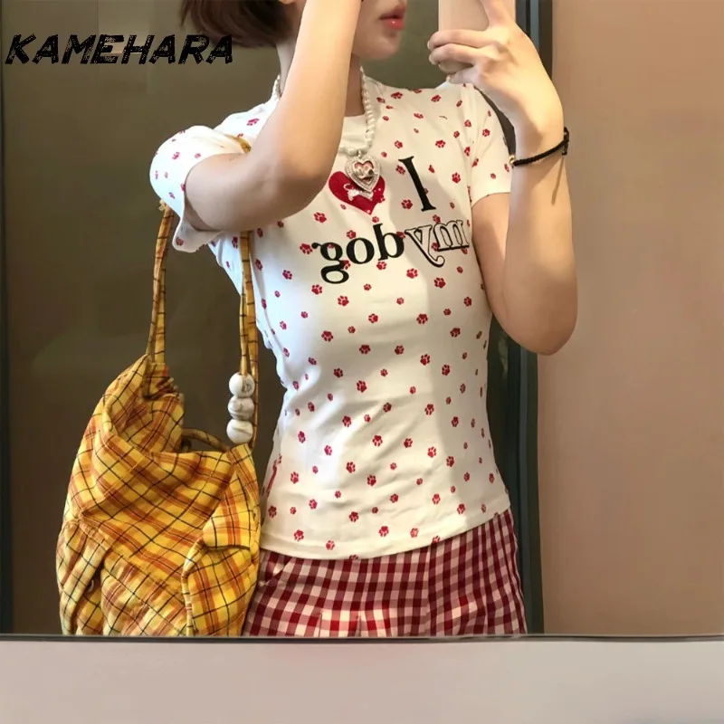 

KAMEHARA American Y2k Love Printed Dog Claw Printed Short T-shirt Spicy Girl Shoulder Slim Fit Korean Fashion 90s Top 민소매 티 여성