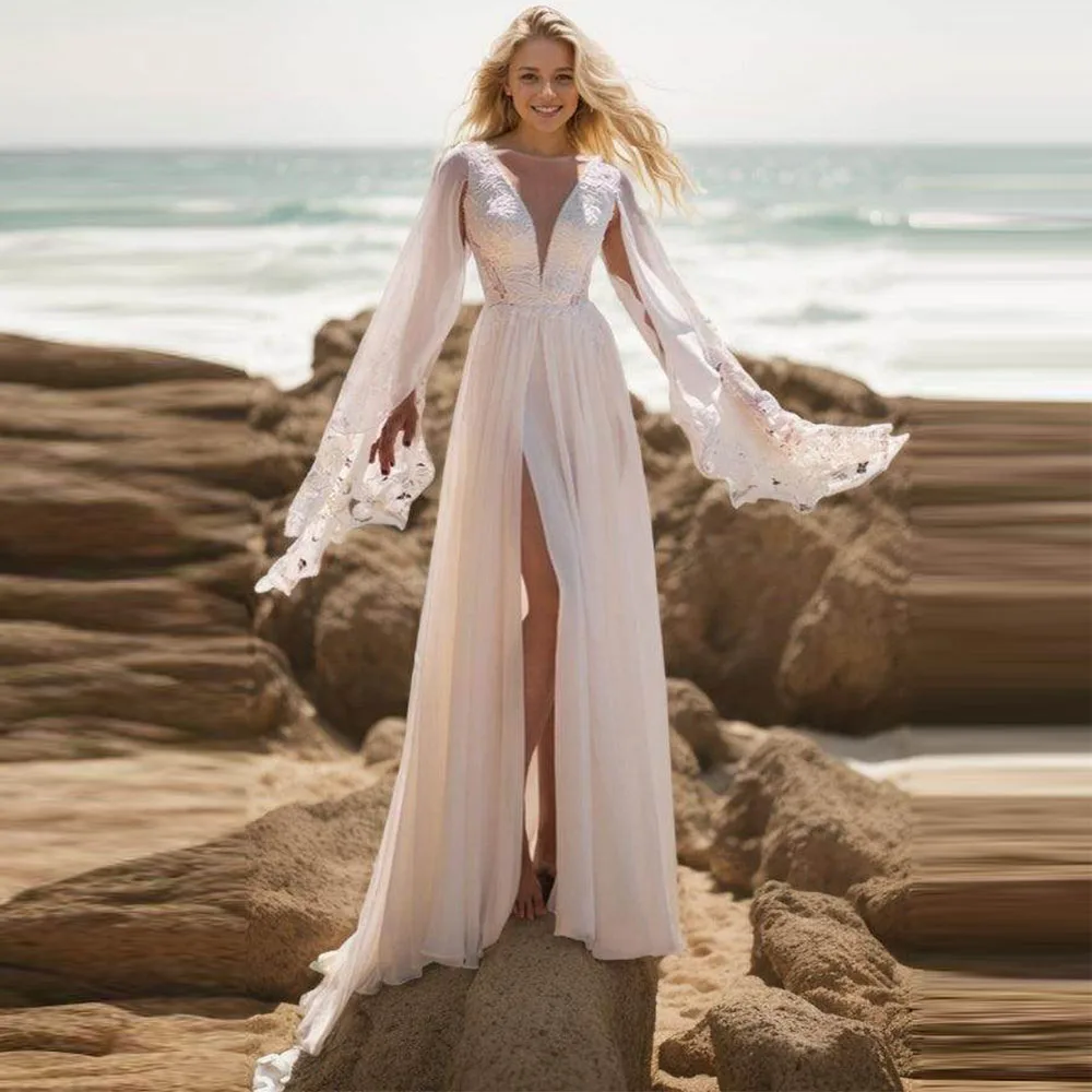Maßgeschneidertes, attraktives Boho-Chiffon-Hochzeitskleid mit hohem Seitenschlitz, A-Linie, lange Ärmel, Hochzeitskleid, Vestido De Noiva
