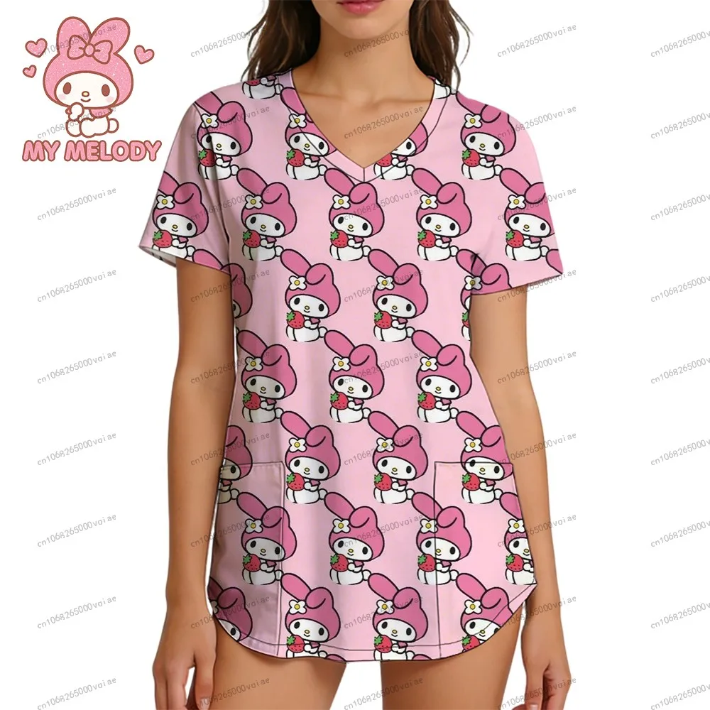 

2026 New Pocket Sanrio My Melody Cartoon Women's Nurse Uniform V Neck T Shirt Y2k Clothes Leisure Streetwear Summer Fashion Top