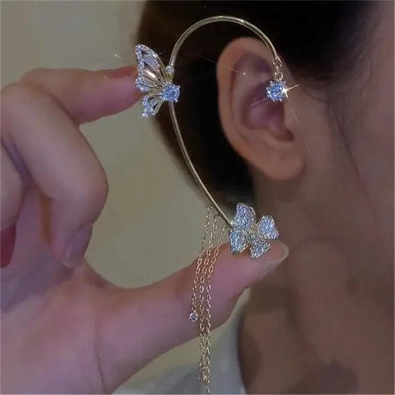 

Sparkling Zircon Flower Butterfly Ear Bone Clip for Women Without Piercing Tassel Ear Cuff Clip Earrings Wedding Jewelry