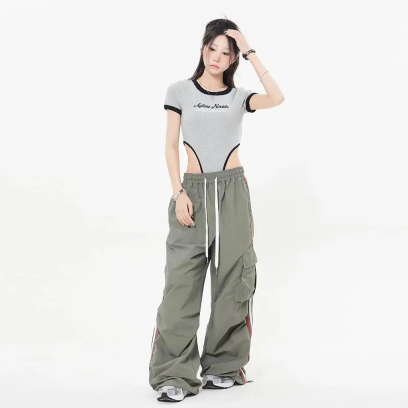 Women'S Y2k Fashion Straight Wide Leg Casual Pants Loose Striped Sports Overalls Sweatpants Oversize Cargo Trousers Streetwear