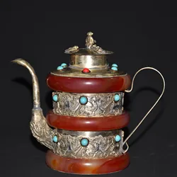 Old Chinese tibet silver inlay red jade handcarved dragon pots wine pot