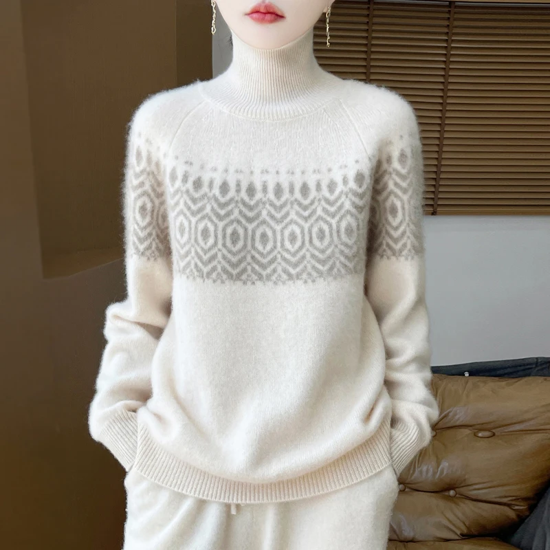 

Wool Sweaters Woman Winter Thick Knit Pullover Warm Loose Casual High Neck Jacquard Knitwear Knitted Comfortable Clothing Top