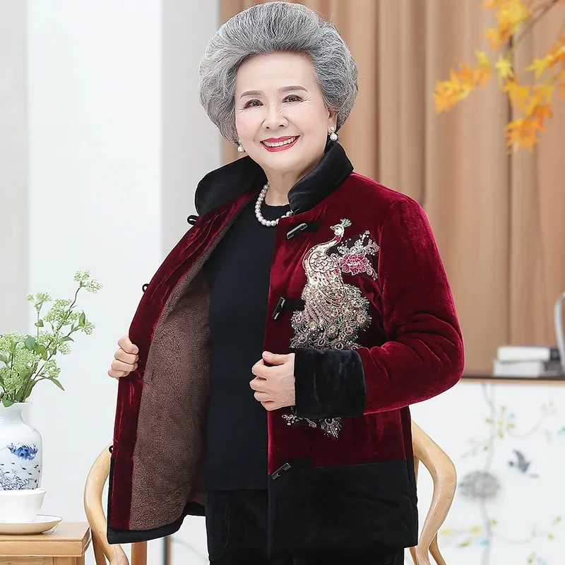 Middle Aged Elderly Grandma Cotton Coat Winter O-Neck Long Sleeve Printed Mother Outwear Jacket Female Parkas