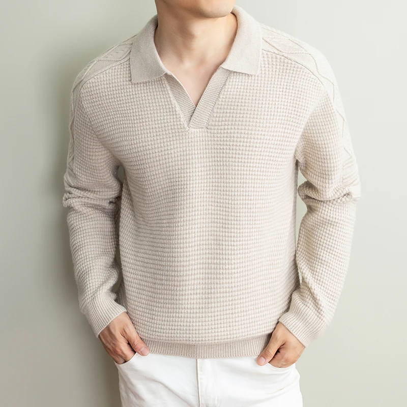 Men Heavyweight Thick Warm Waffle Knit Polo Sweater, Lapel Collar V Neck Long Sleeve Winter Business Casual Knitted Pullover
