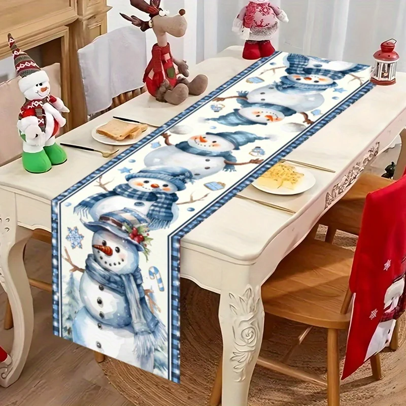 1 Stück blauer Schneemann-Weihnachts-Tischläufer, Urlaubsdekoration für Familien, Get-Togethers, Party-Center-Display, klassisches Weihnachtsdekor-Stück