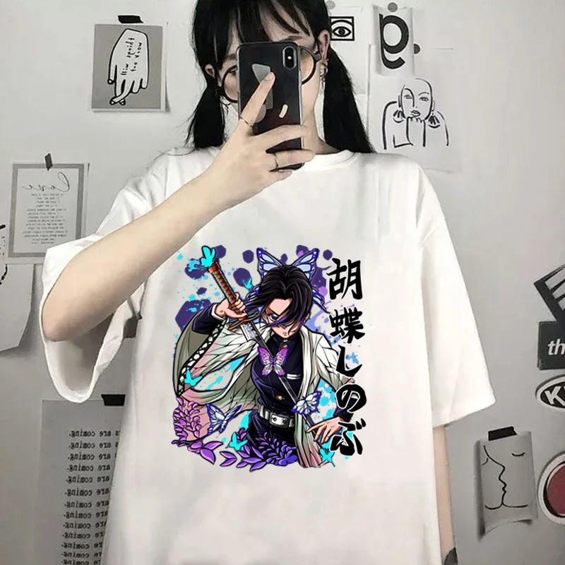 New Funny Kochou Shinobu Print T-shirt Summer Anime Pattern T Shirt Women Men Short Sleeve Loose Shirts