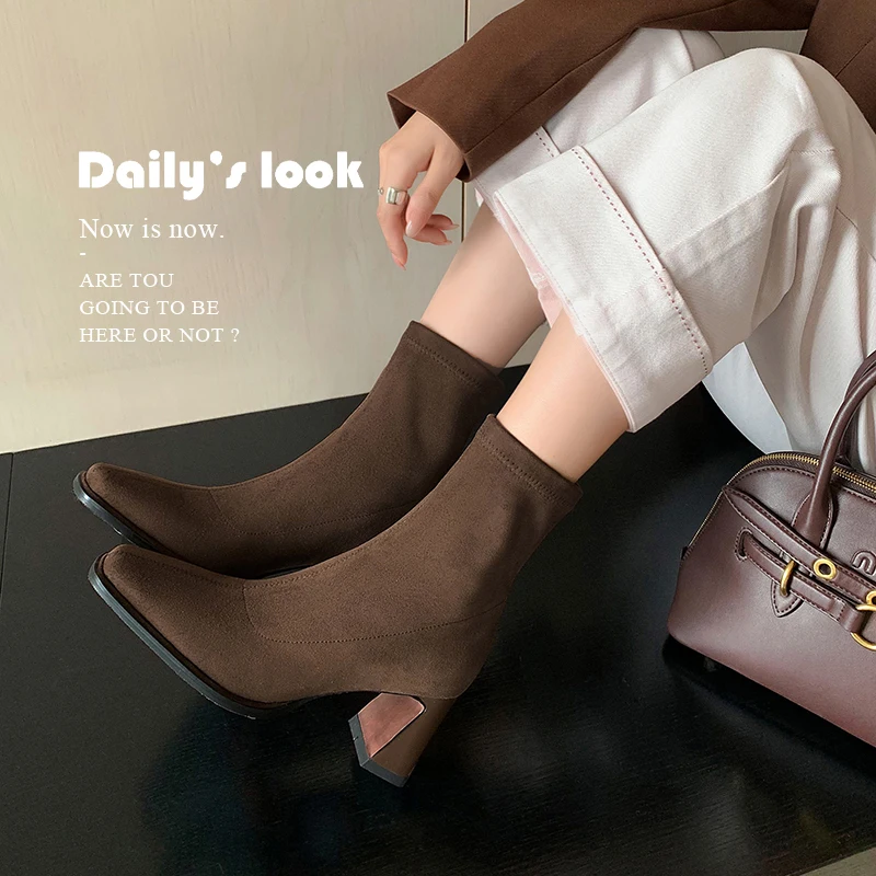 

Новинка 2026, осенне-зимние женские ботильоны высотой 22-24,5 см, эластичные фланелевые ботинки с квадратным носком, современные ботинки на толстом высоком каблуке, узкие ботинки