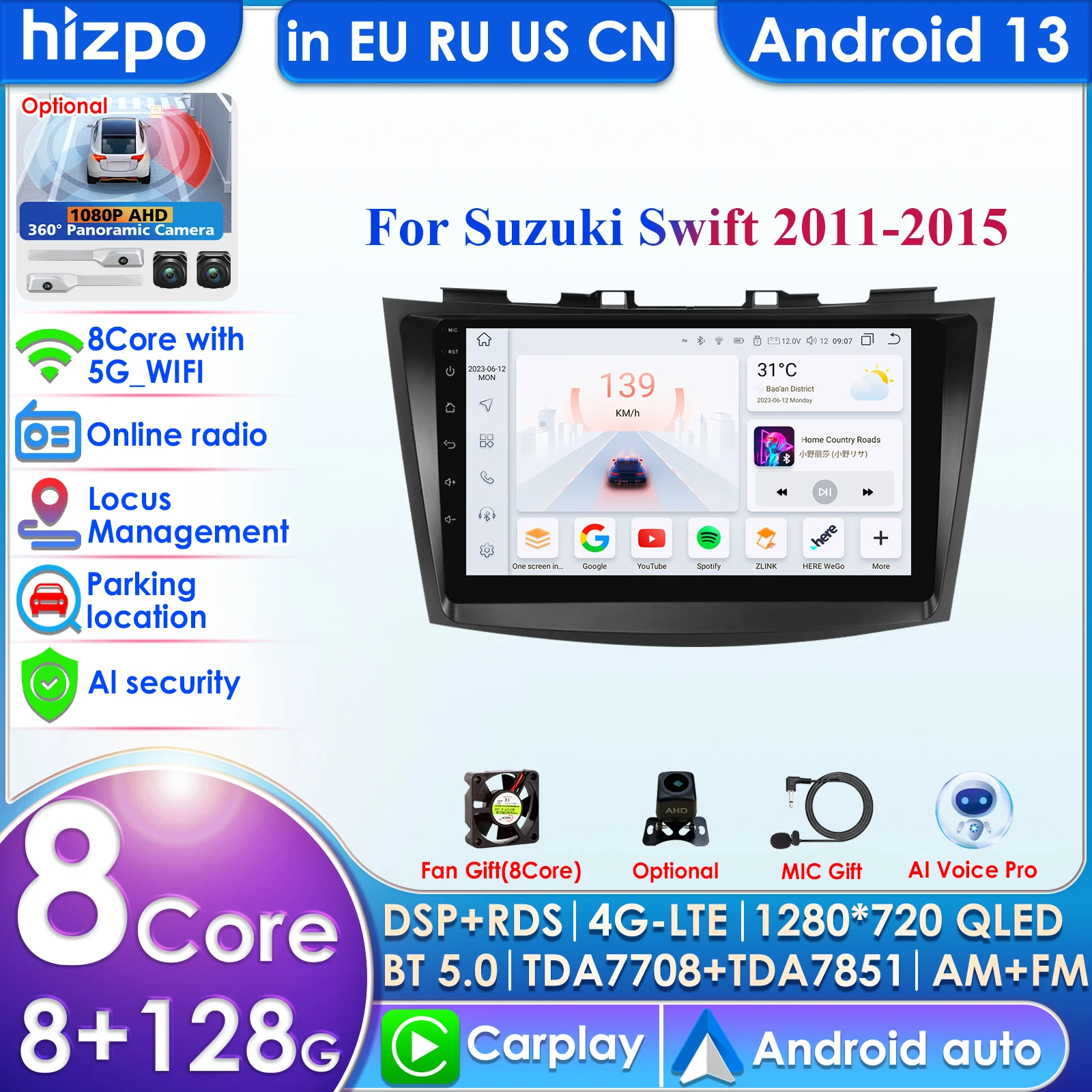 1280*720 For Suzuki Swift 2011-2015 Carplay 2 Din Android 13 Car Radio Multimidia Video Player GPS Navigation Head Unit Stereo