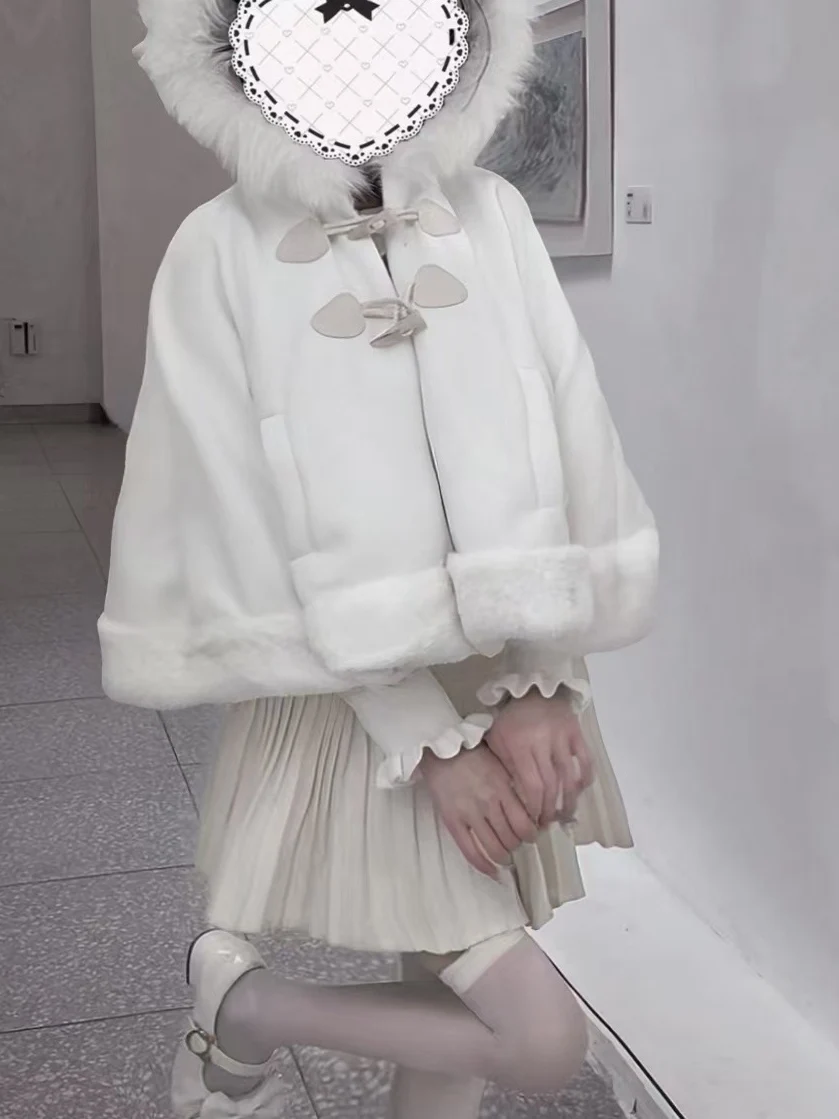 اليابانية الحلو Kawaii فتاة سميكة الدافئة تنوعا لوليتا معطف الرأس الأبيض مقنعين أفخم كيب عباءة للنساء الشتاء سترات قصيرة #2