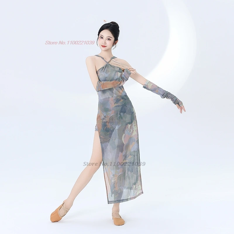 2025 vestido de danza folclórica tradicional china estampado de flores nacionales sin mangas qipao cheongsam puesta en escena vestido de danza folclórica