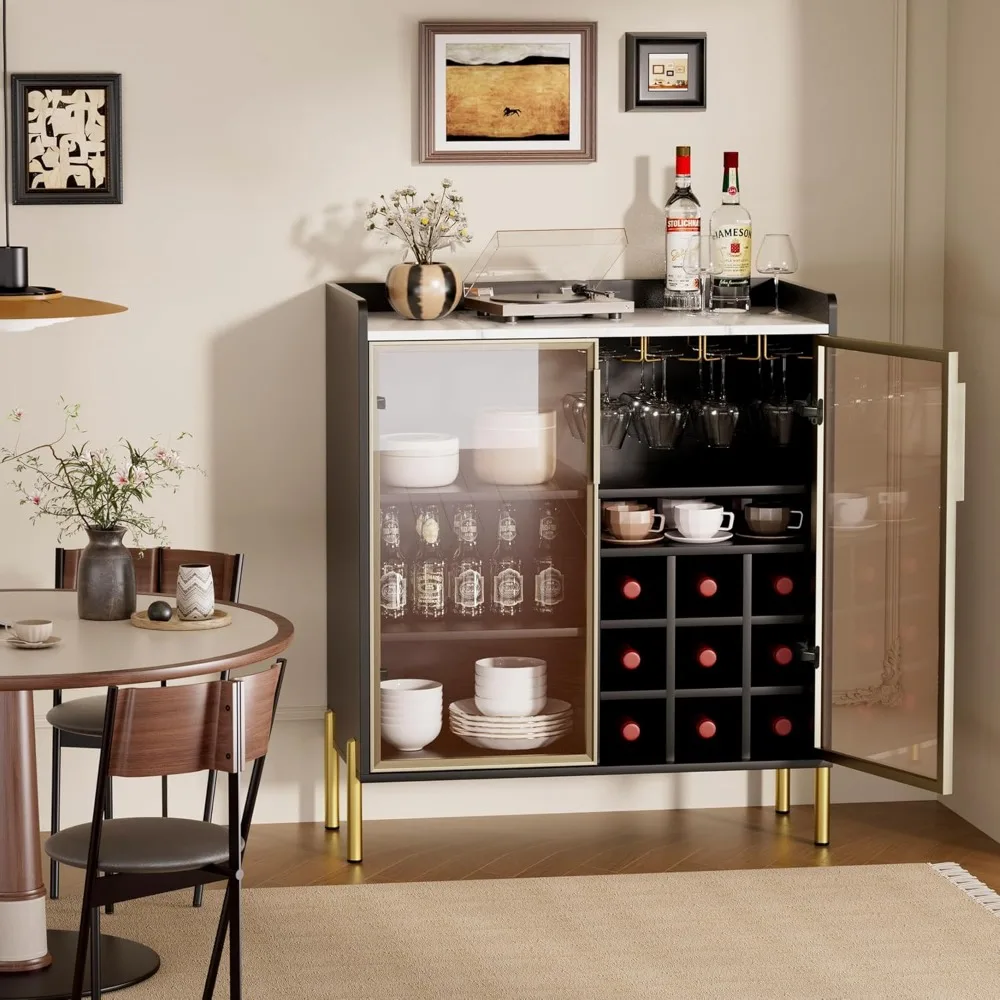 coffee bar cabinet with aluminum frame glass door, black wine bar & liquor cabinet, modern black sideboard buffet cabinet with s
