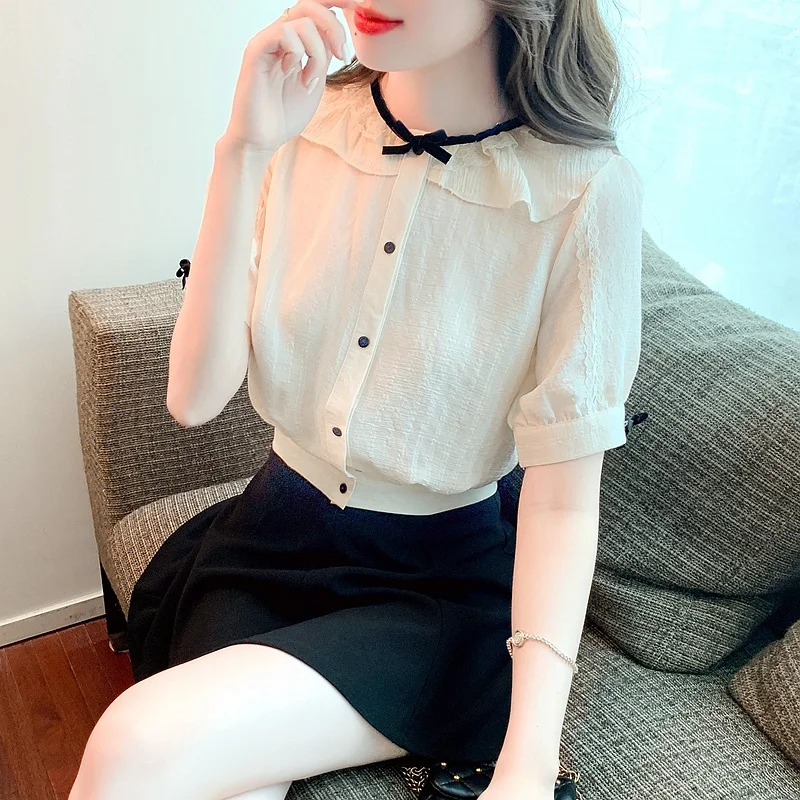 Women's Summer Casual Thin Blouse 2023 Fashion New Doll Collar Short Short Sleeve Shirt Top