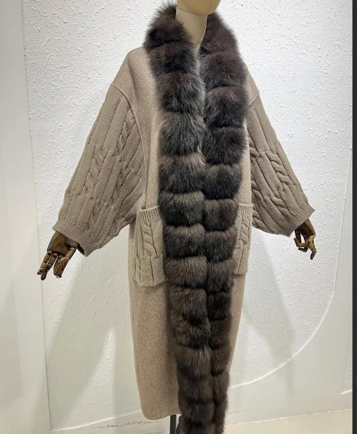 New Luxury Winter Real Natural Fox Fur Collar Woolen Blends Knit Long Overcoats Women Loose Warmth Cashmere Fur Jacket