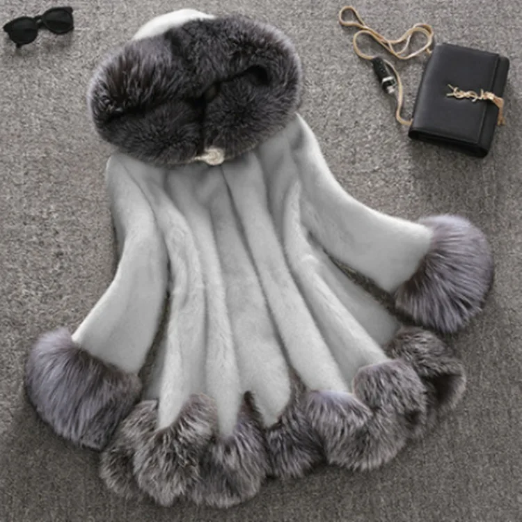 New Imitation Fur Women's Coat Imitation Whole Imitation Mink Medium and Long with Hat