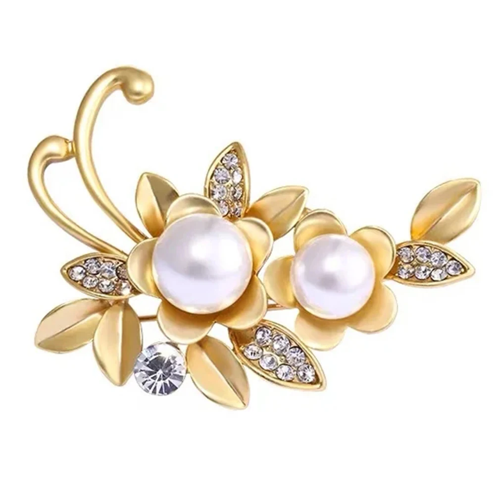 Fashion Pearl Flower Brooches For Women Rhinestone Leaves Metal Pins Clothing Daily Jewelry Accessories Wholesale