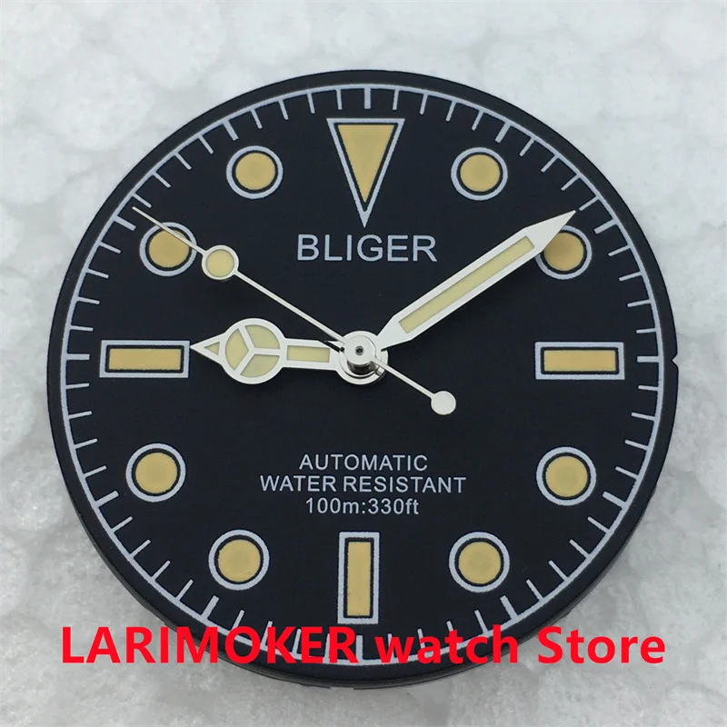 BLIGER 29mm black off-white dial with hands for NH34 NH35 NH36 ETA2824 2836 PT5000 DG Miyota82 series movement green luminous