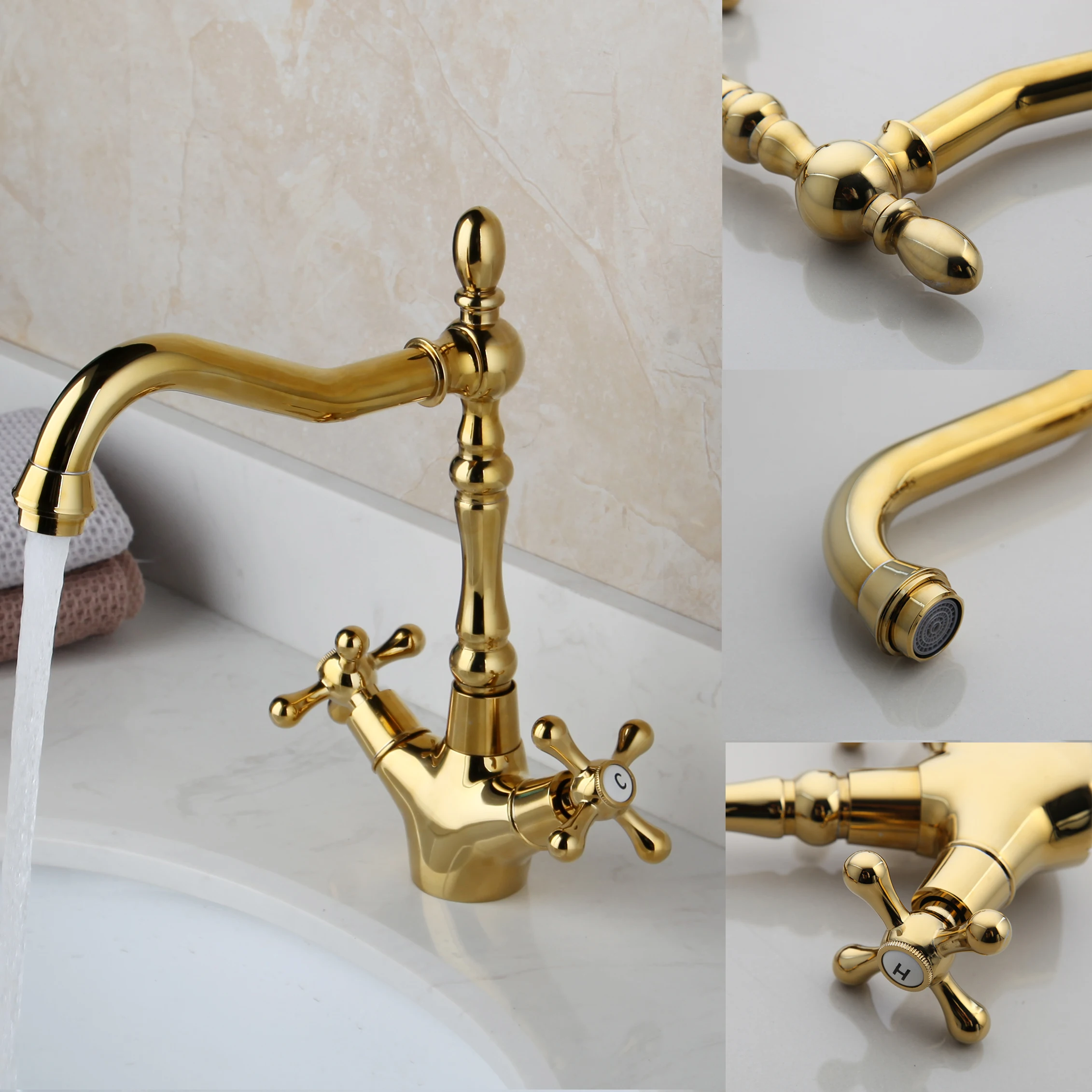 KEMAIDI Golden Bathroom Basin Sink Faucet 360 Swivel Spout for Bathroom and Kitchen Dual Handles  Hot Cold Water Mixer Tap