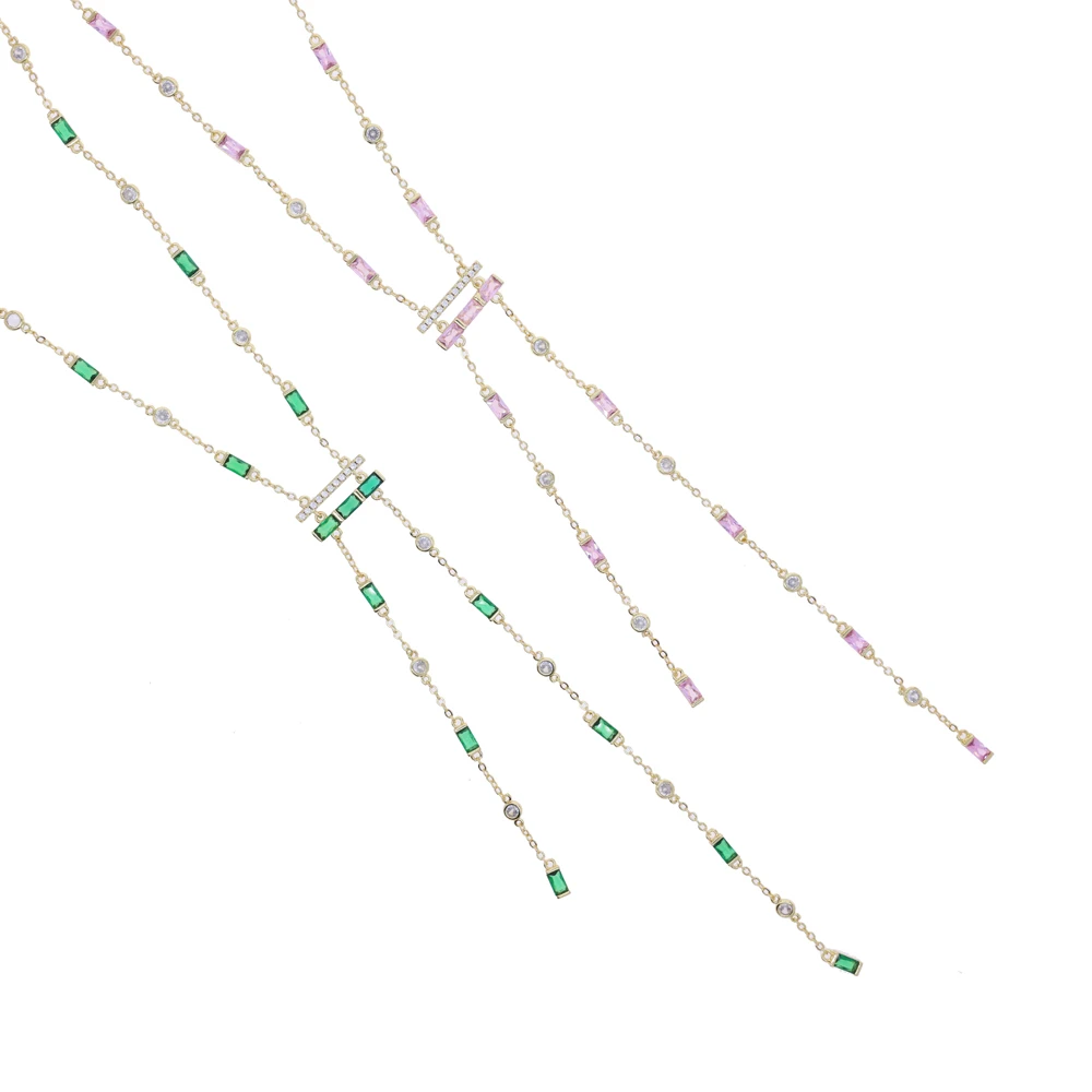 Newly launched pink green zircon Y-shaped collarbone chain long chain fashionable summer sexy women's beach necklace jewelry