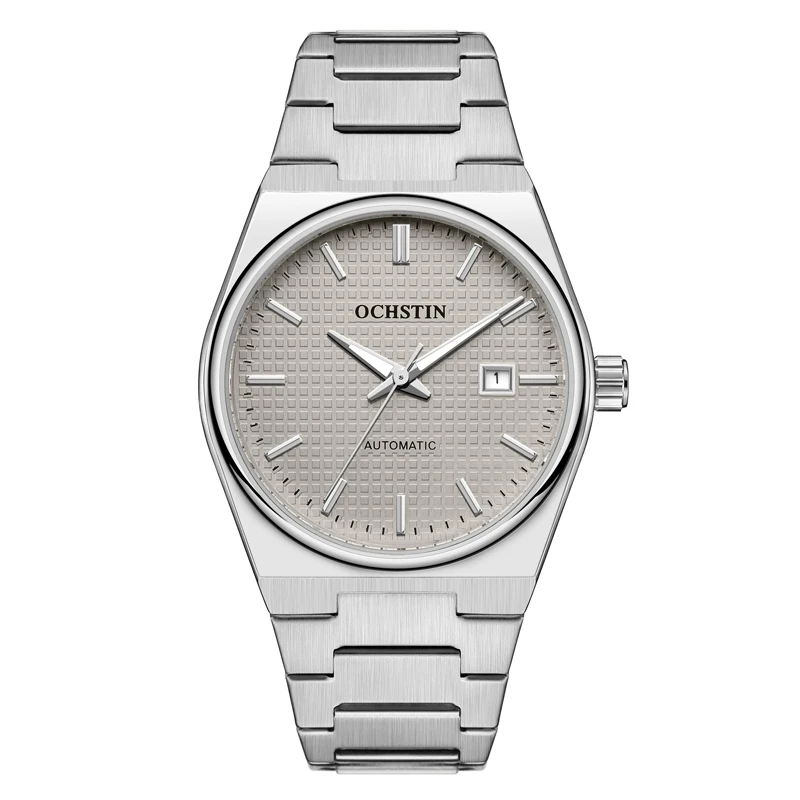 OCHSTIN Mechanische Herrenuhr, automatisches Datum, transparenter Rückseite, luxuriöses Edelstahl-Armband, integriertes Armband, Business-Armbanduhr für Herren